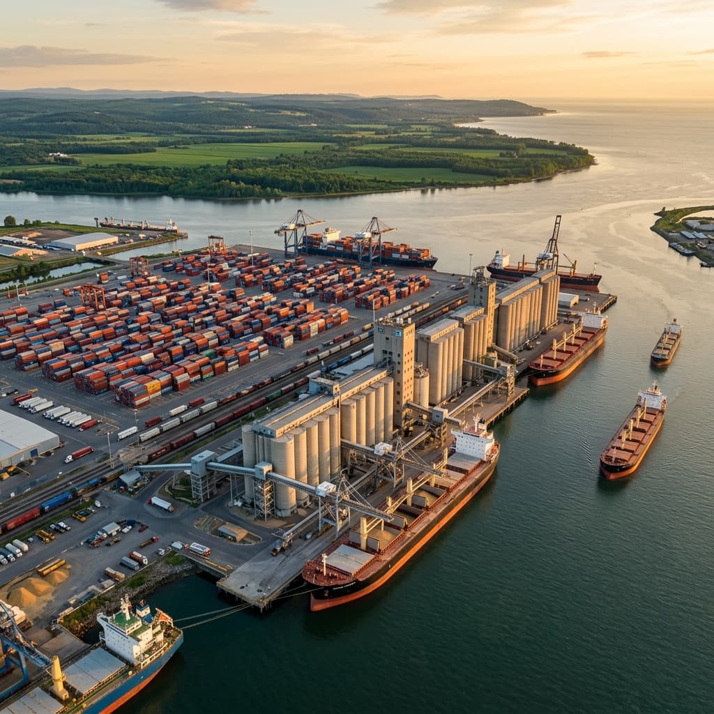 Agricultural commodity trading port with containers and cargo ships